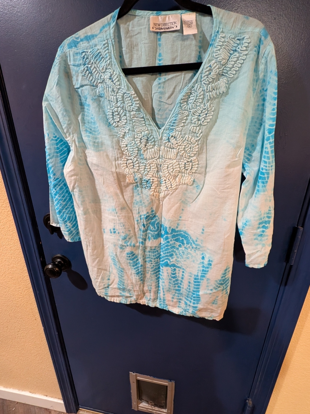 New Direction XL Cotton Embroidered Tunic Top Aqua White Boho